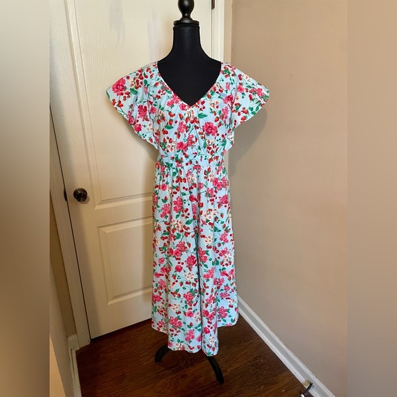 Ann Taylor Floral Flutter Sleeve Flare Dress Cherries Strawberries Blue Size 8 - Picture 4 of 9